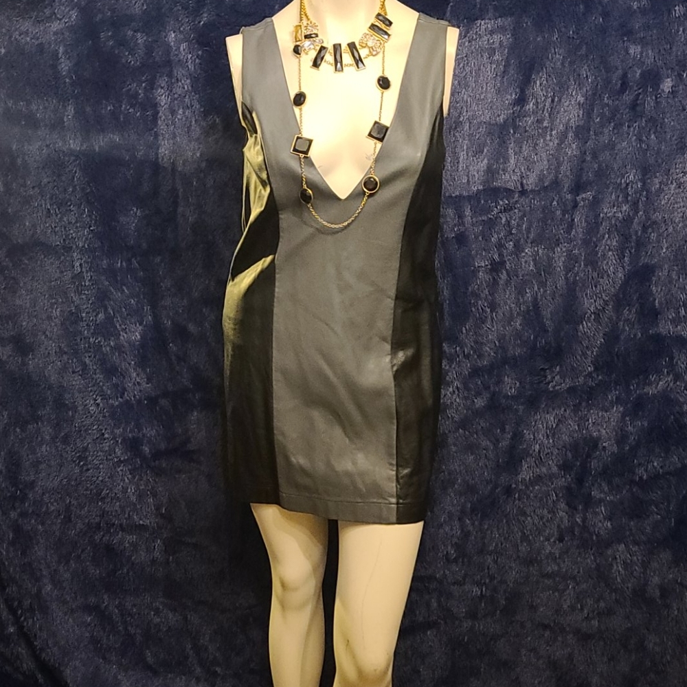 Grey and black colorblock mini leather dress